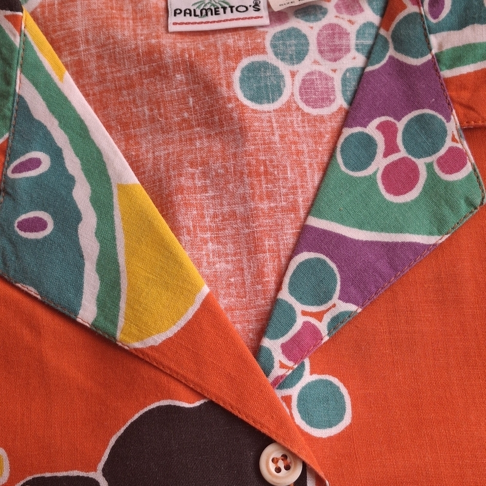 Palmetto's Hawaiian Orange Button Short Sleeve Summer Blouse Women Size Medium - Picture 8 of 11